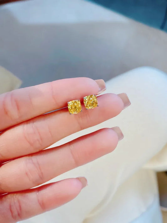 100% 925 Sterling Silver 1CT Four-claw Fat Square High Carbon Stone Citrine Gemstone Earrings Stud Fine Jewelry Wholesale
