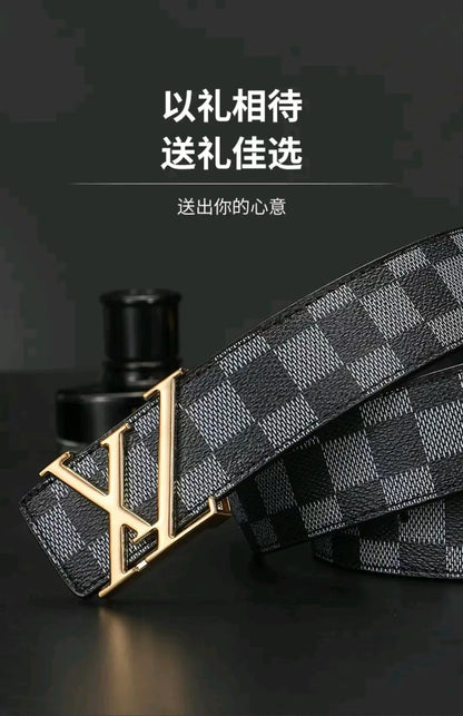 Light Luxury Premium Mens Leather Belt Check Pattern Genuine Pure Cowhide Casual Business Trendy Waist Belt