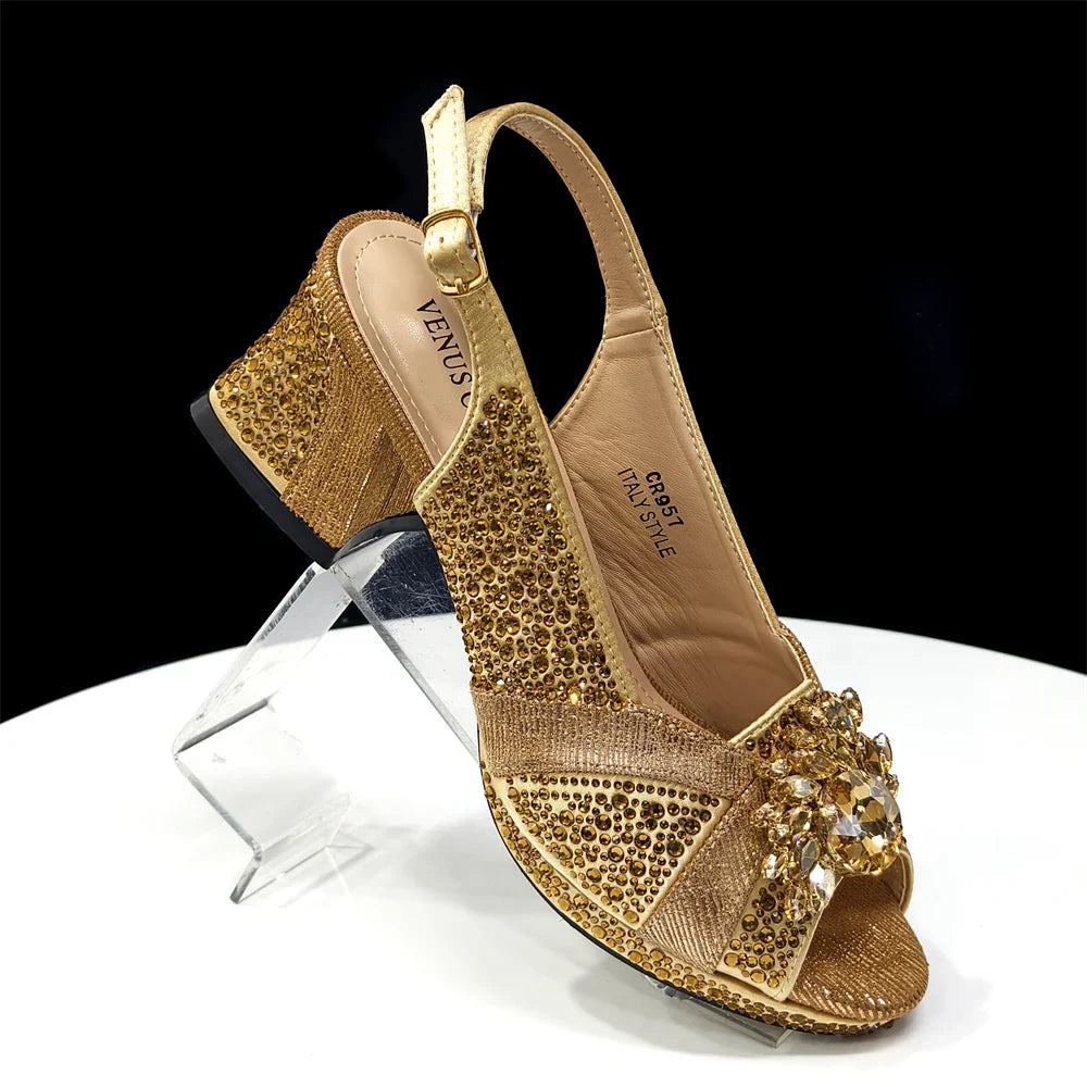 2025 Luxury Italian Women's Party Shoes & Handbag Set – Elegant Multicolor Rhinestone Peep-Toe High Heels Sandals for Weddings