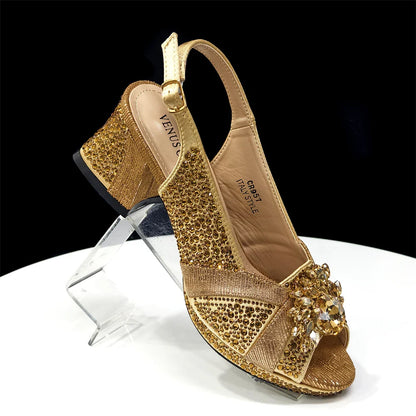 Elegant Green Peep-Toe Heel Pumps for Women with Diamond Accents - Italian Matching Shoes and Bags Set for Parties