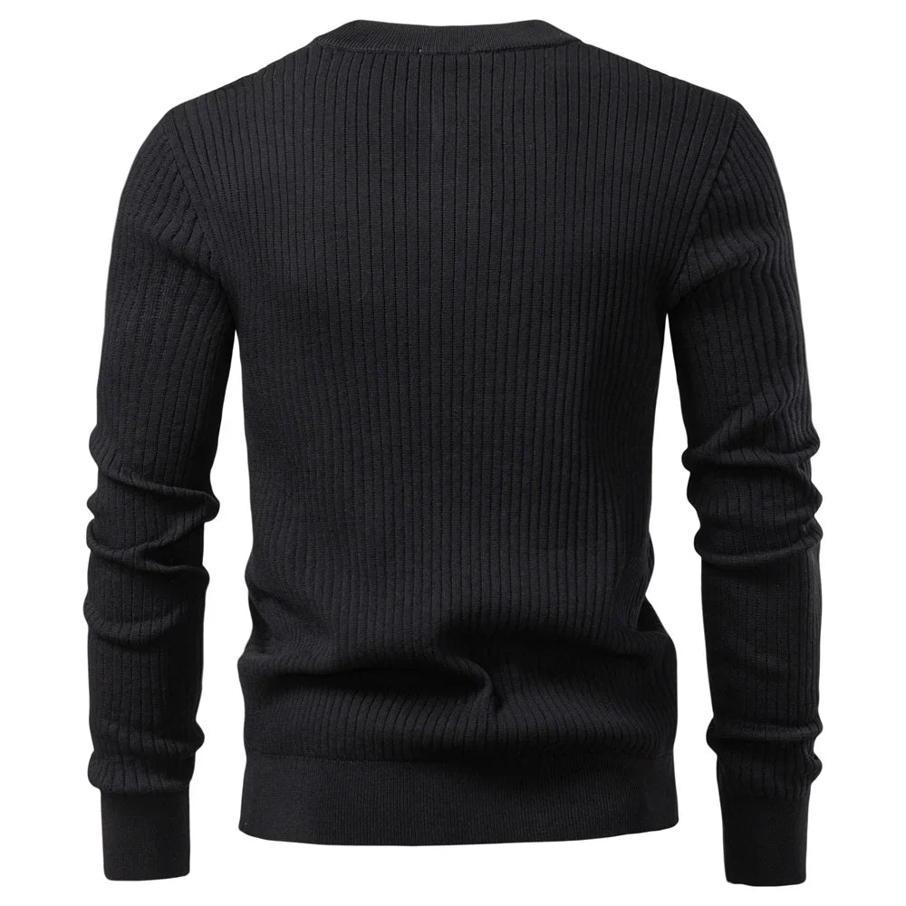 Button Placket Polo Shirt Men Ribbed Stripe Long Sleeve Contemporary Fit Minimalist Autumn Winter Premium Business Top