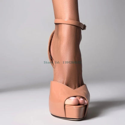 Red Patent Leather Platform High Heels  Stiletto Ankle Buckle Strap Solid New Arrivals Fashion Slingback Buckle Strap Shoes