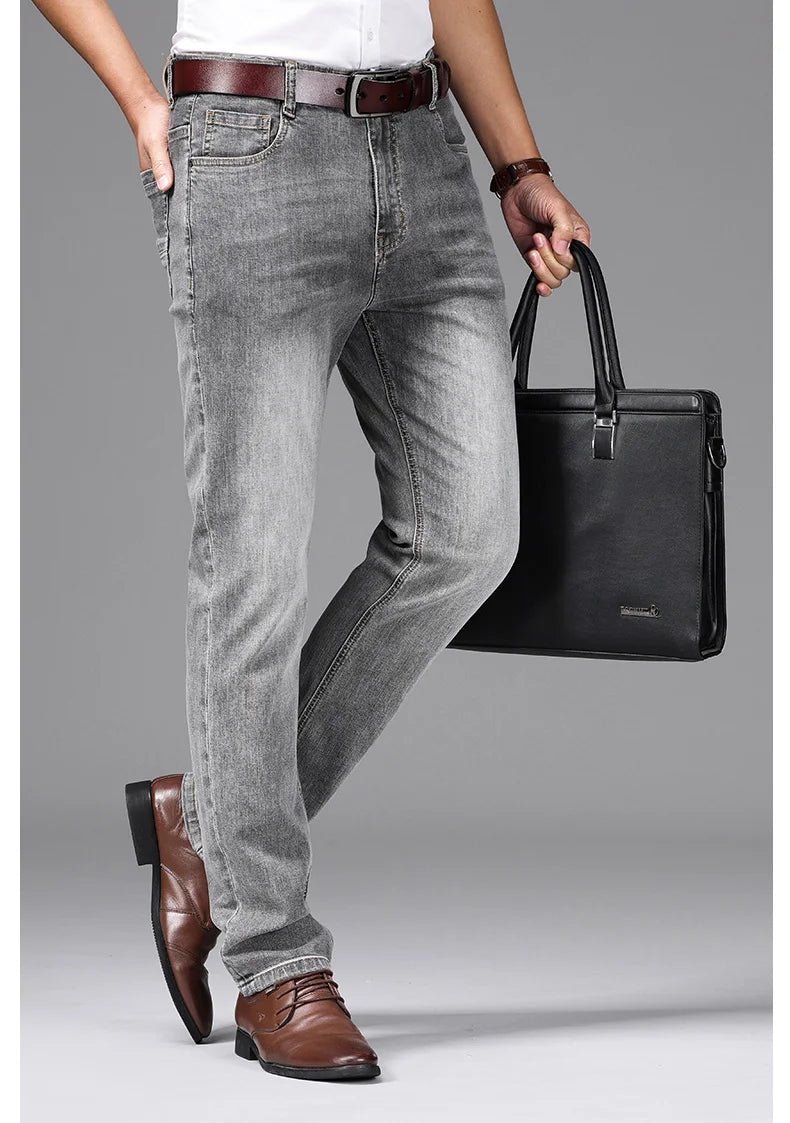 Spring/Summer 2023 Men's Gray Frayed Thin Jeans Classic Style Business Fashion Cotton Denim Stretch Pants Male Brand Trousers