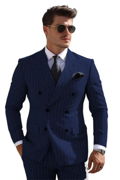 2pc Striped Double Breasted Men’s Suit Set(Jacket+Pants) Business Formal Man Suits Wedding Party Prom Dinner Work Travel Dinner