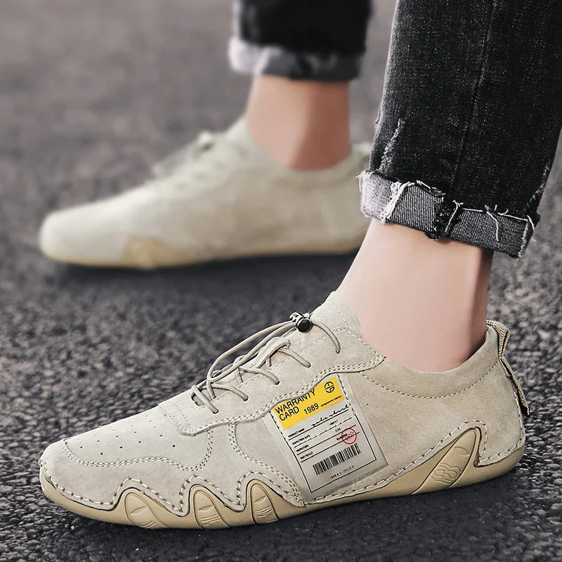 Men Lightweight Sneakers Non-slip Sole Stitch Genuine Solid Leather Shoes Outdoor Casual Walking Driving Flats Shoes