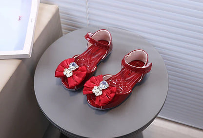 Girl's Fish Mouth Shoes with Rhinestone Bear Decos Prom Party Sandals for Kids Girl Nice Butterfly-knot Students Footwear I10281