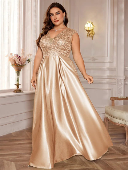 Plus Size Gold Luxury V-Neck Sequins Embroidery With Pocket  Evening Dresses Elegant Women Wedding Party Cocktail Gowns Event