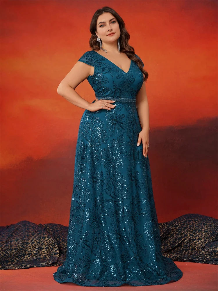 Vestido de festa plus size elegante com lantejoulas e decote V nas costas, manga curta, luxuoso, longo, estilo A-line, para formatura, casamento, festa e coquetel
