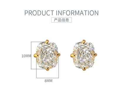 Light luxury 8 * 10 crushed ice cut 925 silver ear nail inlaid with high carbon diamond fat rectangular temperament for women