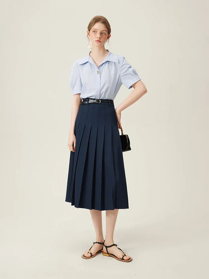 2025 New Arrival Women Zipper Waist Office Lady Elegant Grey Skirt Pleated Design Navy Blue Color Long Skirt Daily Outfits