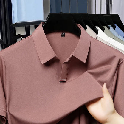 High quality brand solid color V-neck short sleeve polo shirt men summer fashion simple casual ice silk breathable lapel T-shirt
