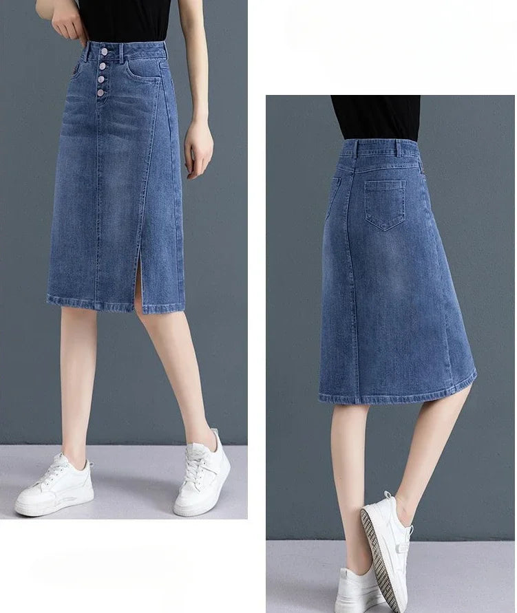 Chubby High Waist Female Jeans Skirts Blue Women's Denim Skirt with Pocket Midi To Knees Length 2025 Trend New in Y2k Vintage V