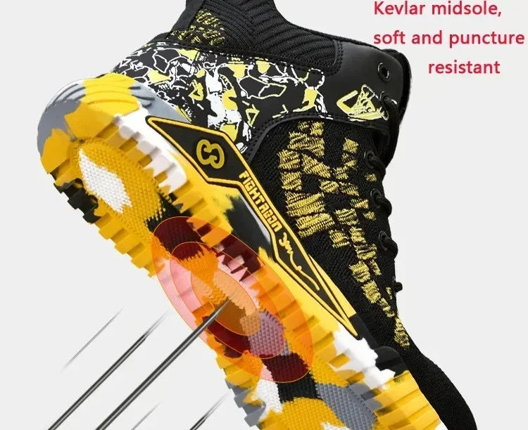 Men's All Seasons Safety Shoes Breathable Flying Woven Steel Toe Cap Impact Resistant Puncture Proof mid Cut Sneakers