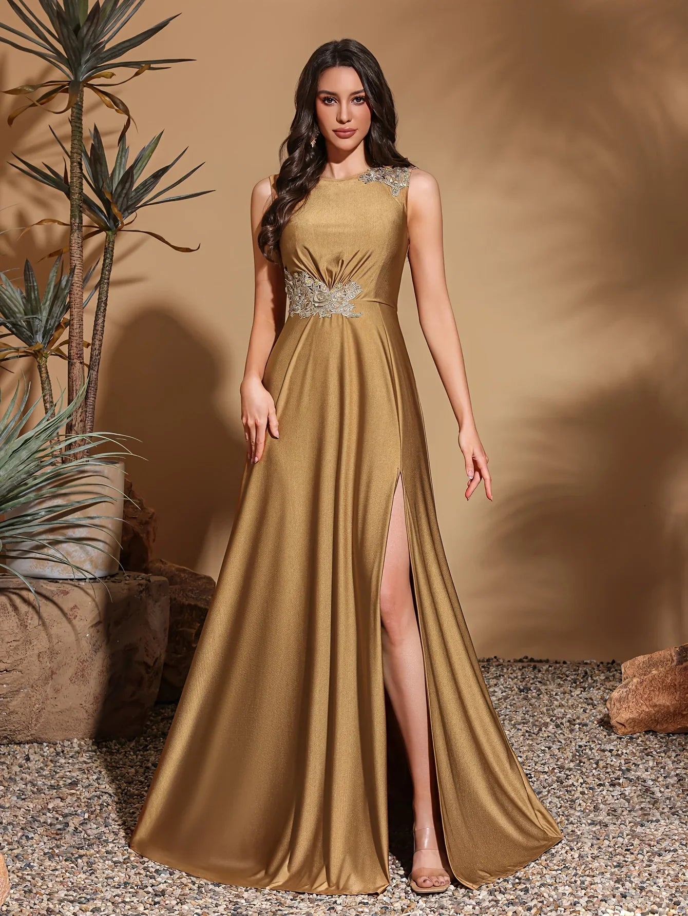 Asymmetrical applique sleeveless round neck slit back floor-length gown, women's long dress, party dress
