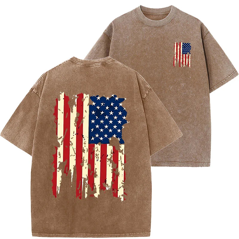 Set American Flag Graphic Prints Men Tshirt Summer Vintage Washed Cotton Tees Loose Short Tee Clothing Medium Strecth Tops