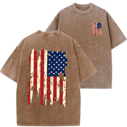 Set American Flag Graphic Prints Men Tshirt Summer Vintage Washed Cotton Tees Loose Short Tee Clothing Medium Strecth Tops