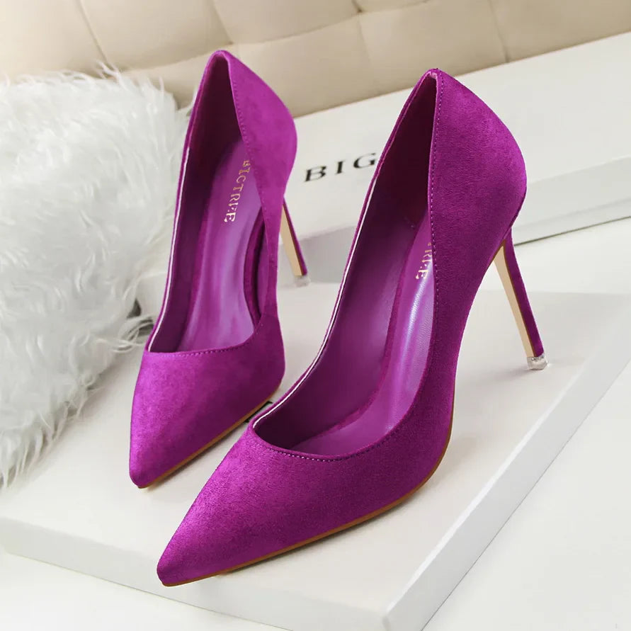 Women 9cm High Heels Yellow Burgundy Pumps Plus Size Stripper Suede Escarpins Lady Wedding Bridal Scarpins Green Blue Prom Shoes