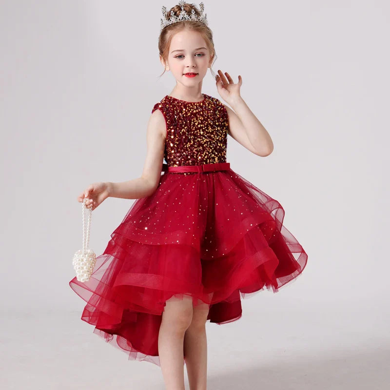 Summer Sequin Lace Tuxedo Wedding Dress for girls 3-13 years old Sleeveless fluffy Mesh gauze Doveark brand