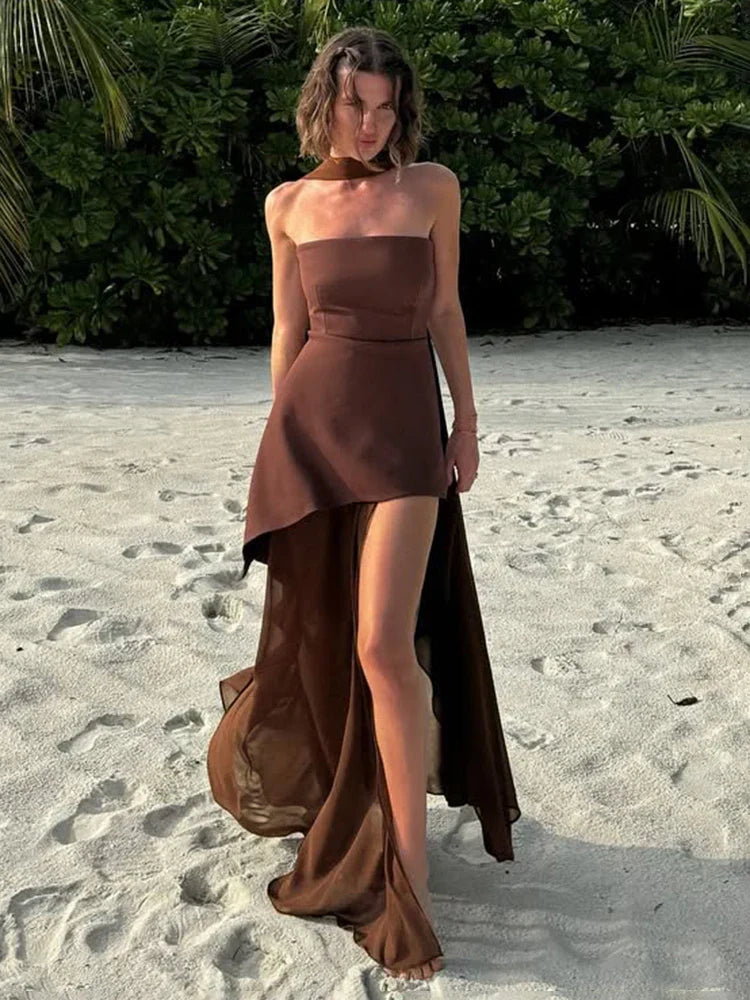 Fashion Strapless Dress With Ribbon Female Elegant Sleeveless Mesh Beach Vacation Long Dress 2025 Spring New Women Dress