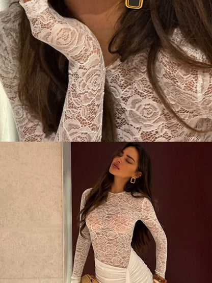 Lace Sheer Bodycon Sexy Club Women Dresses Solid Hip Wrap Fitness Skinny Trendy O Neck Long Sleeve Female Streetwear