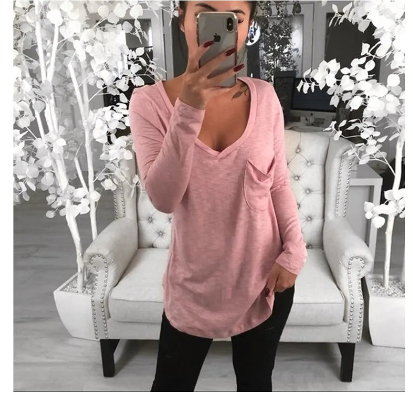 Women's Solid Color Fashion V-neck Long Sleeved T-shirt Ladies Casual Simple T-shirt