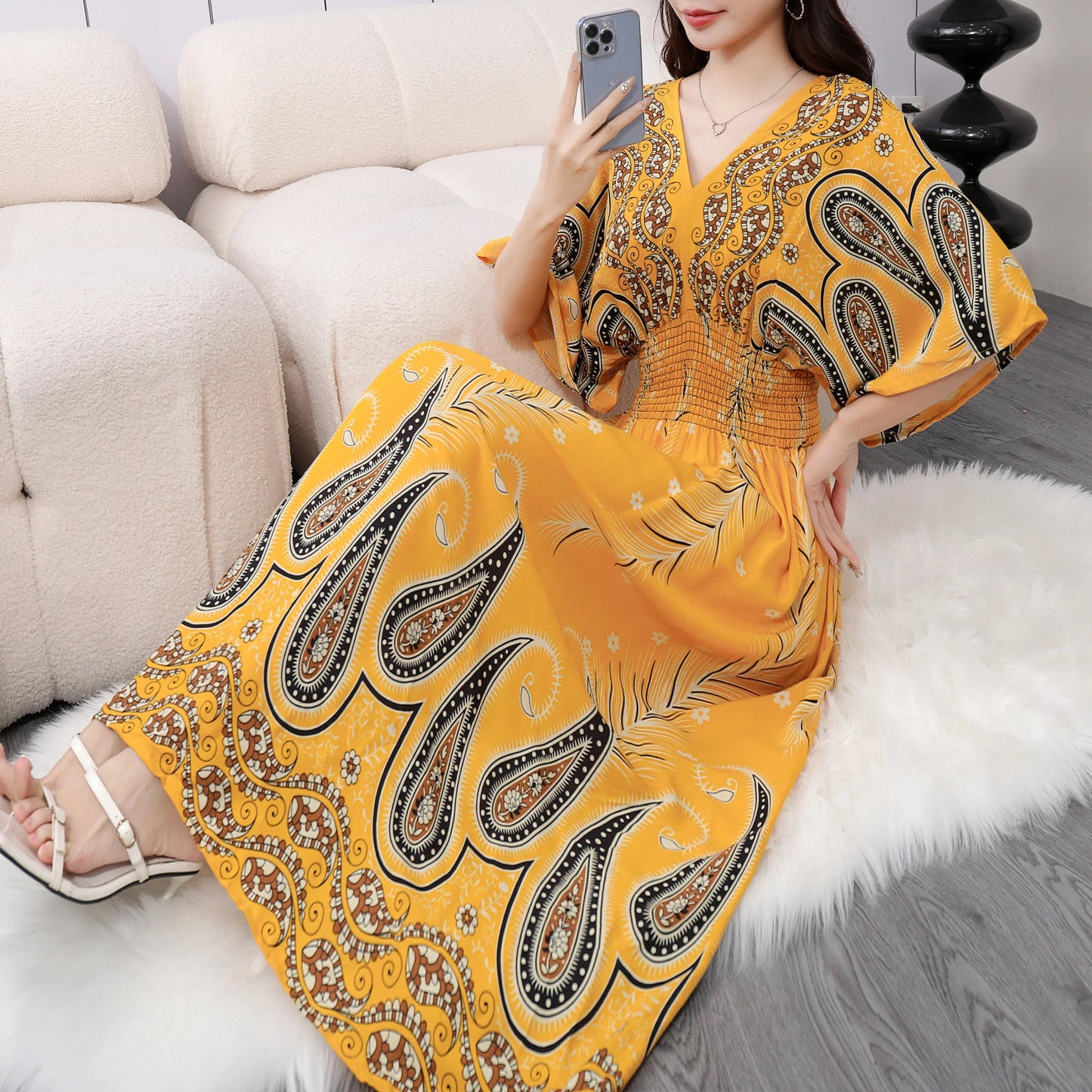 Flower V-neck Elastic Youthful Bohemian Sweet Midi Dress Woman Clothes Chic Fashion Summer Dresses 2025 Large Swing Ski