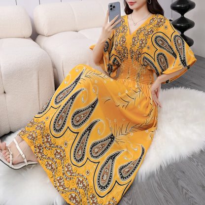Flower V-neck Elastic Youthful Bohemian Sweet Midi Dress Woman Clothes Chic Fashion Summer Dresses 2025 Large Swing Ski