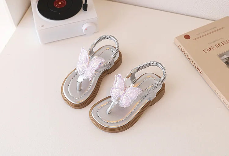 Korean Style Little Girl Sandal Clip-toe Children's Princess Beach Slippers Sweet Lace Butterfly Kids Fashion Flat Sandals New