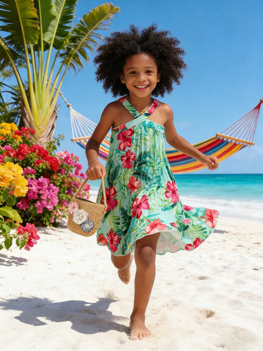 Girls' vacation style cross shoulder strap dress with tropical plant pattern pleated skirt lively and fresh beach travel