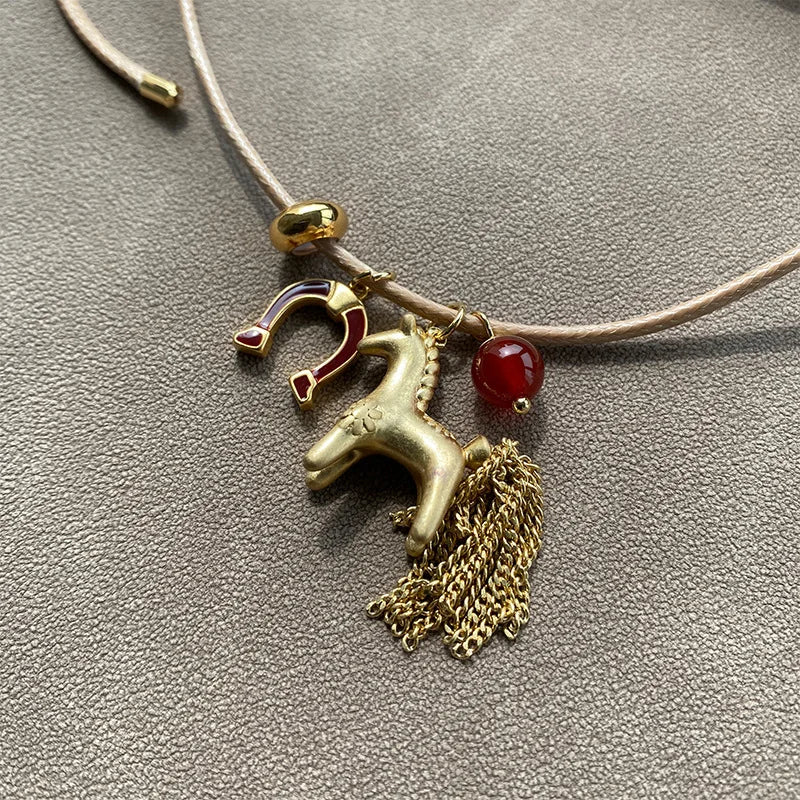 Minar Funny Metallic Cartoon Horse Multi Tassel Beads Pendant Necklaces for Women Female Adjustable Long Wax Rope Chain Chokers