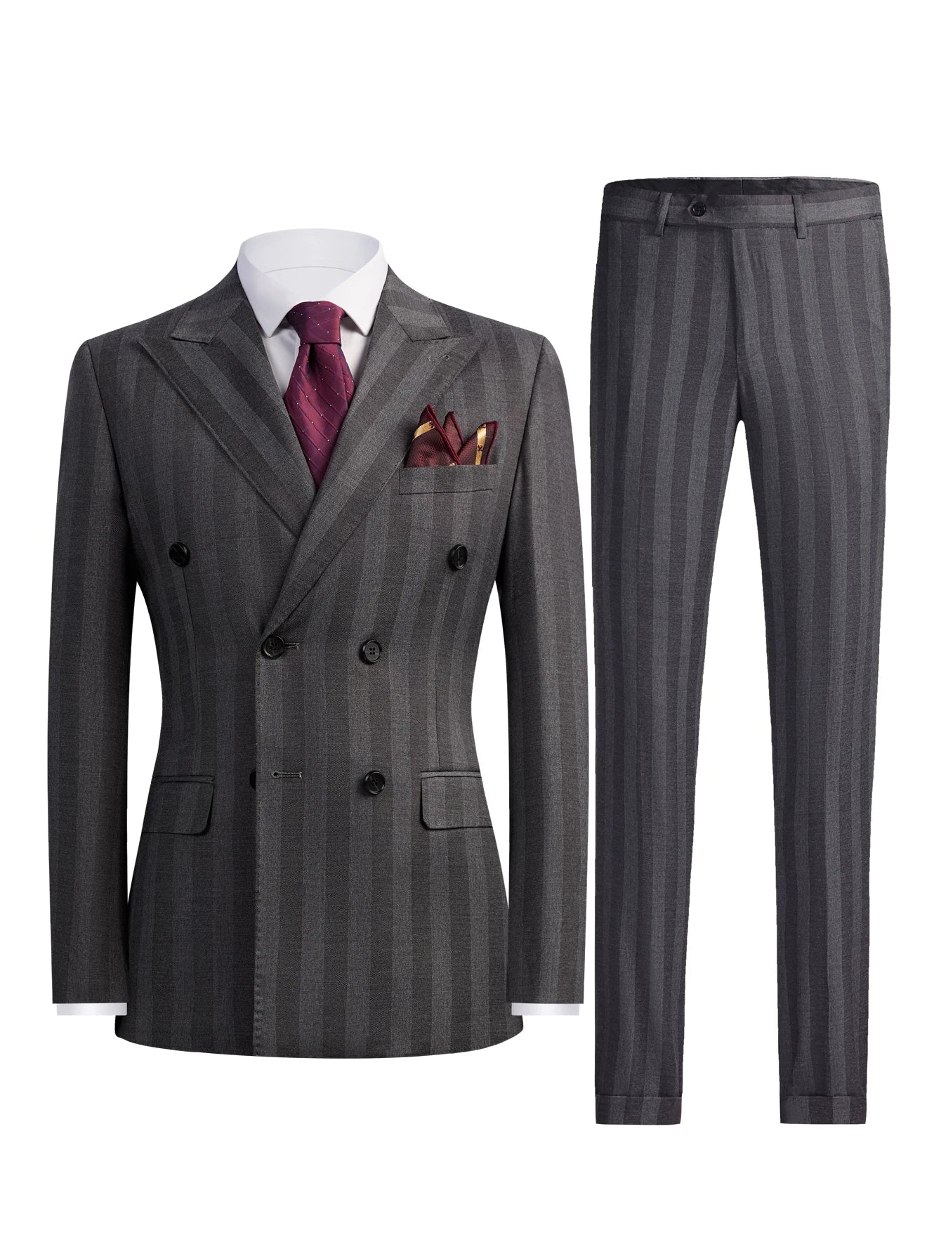 Men's 2-Piece Double Breasted Suit Set - Peak Lapel Striped Tuxedo Jacket & Pants, Formal Business Wedding Prom Attire