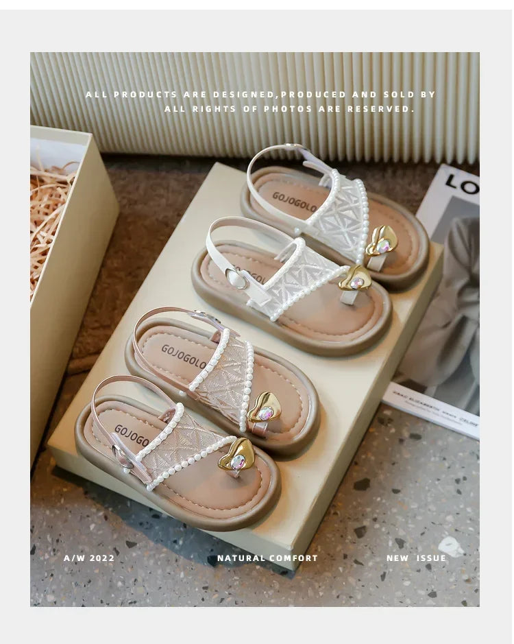 2025 Summer New Children Princess Pearl Cool Slippers for Girl Anti Slip Beach Sandals Toe Covering Casual Versatile Style Flats