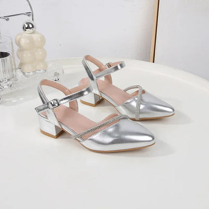 Girls' High Heels Sandals Fashion Rhinestone Pointed Toe Children's Princess Shoes Rubber Soles Non Slip Casual Sandals