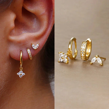3PCS Trendy Stainless Steel Flower Drop Earring Set For Women Crystal Zirconia Dangle Earring Hypoallerg Piercing Jewelry aretes