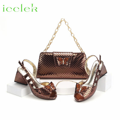 Italian Hollow Design Shoes Matching Bag in Coffee Color Comfortable Heels Ladies Sandals for Party