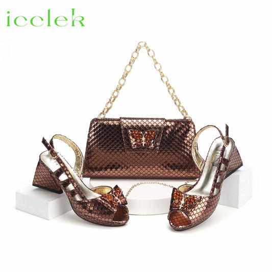 Italian Hollow Design Shoes Matching Bag in Coffee Color Comfortable Heels Ladies Sandals for Party
