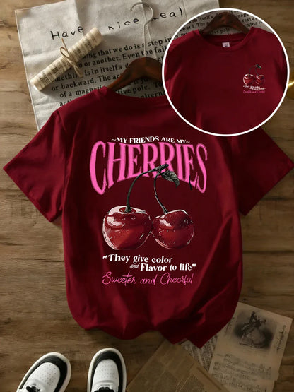Summer Sweeter Cherries Prints T-Shirts Womens Cotton Oversized T Shirts Basic O-Neck Short Sleeve Tops Casual Woman Clothes