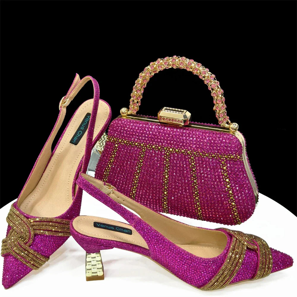 Special Design High Quality Orange Color African Women Shoes and Bag Set with Shinning Crystal for Wedding Party