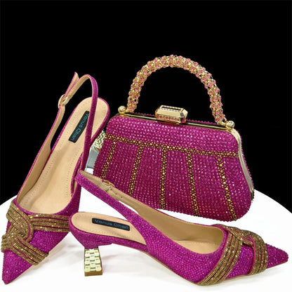Nigerian Heel Party for Women Shoes and Bag Set Champagne Colour Rhinestone Handbag Italian Design Wedding INS 2024