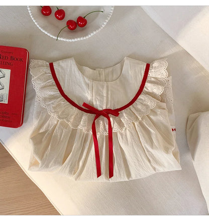 Kid Girl Exquisite Dress Ruffled Lace Collar Trimmed in Red Ribbon Red Dotted Lace Cut Out Embroidery on The Skirt for Children