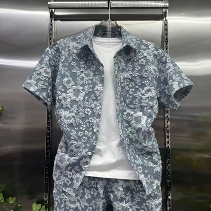 Summer Shirts+Pants Men Sets New Men Casual Print Shirt Two Piece Mens Sportswear Jogger Tracksuits Fashion Suit