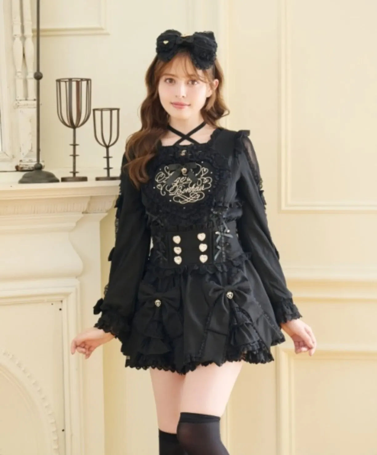 Liz Japanese New 2026 Spring Sweet Girl Heart Buckle Double Bow Lace Patchwork High-waisted Kawaii Elegant Princess Short Skirt