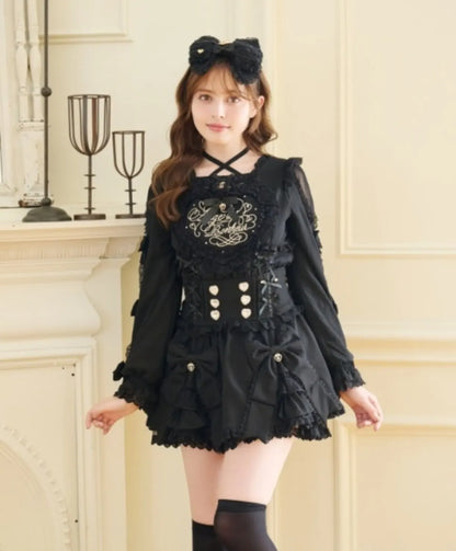 Liz Japanese New 2026 Spring Sweet Girl Heart Buckle Double Bow Lace Patchwork High-waisted Kawaii Elegant Princess Short Skirt