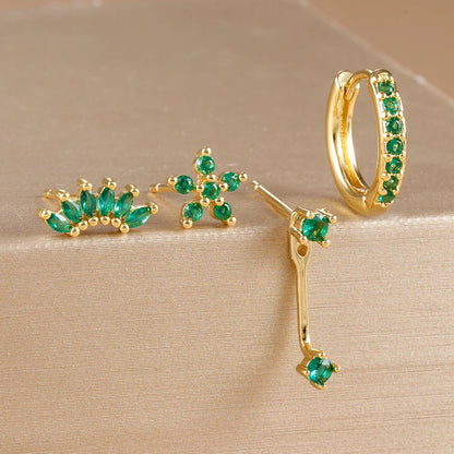4PCS Stainless Steel Circle Huggie Hoop Earrings Set for Women Gold Color Unique Zircon Flower Stud Earring Piercing Jewelry