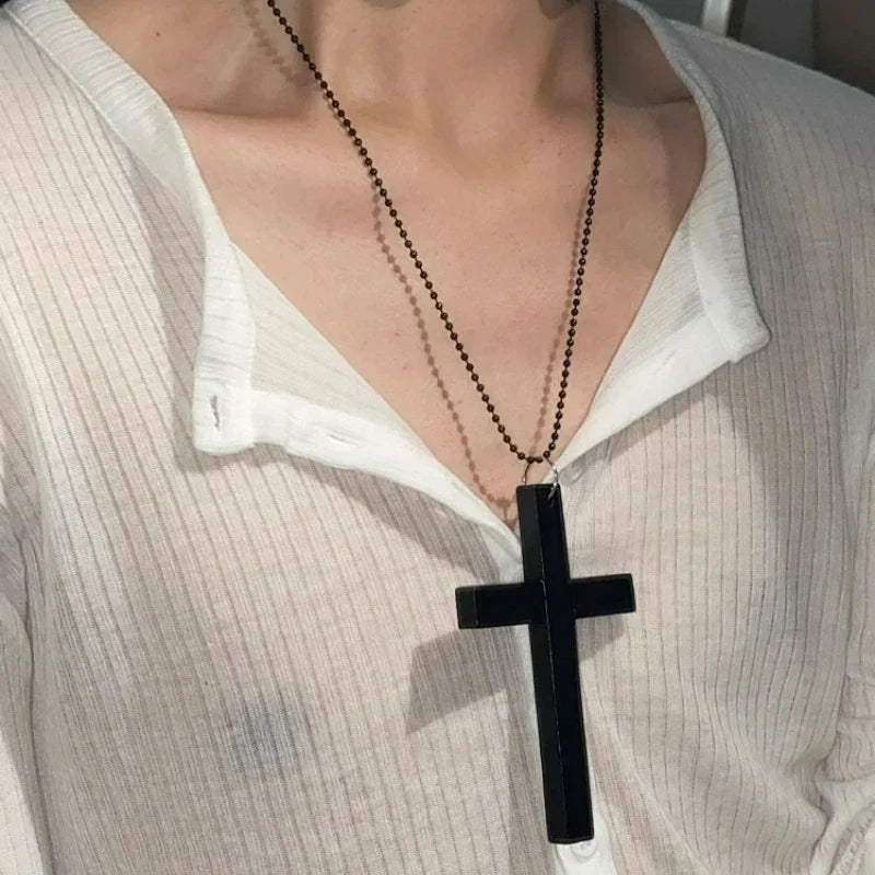 New Gothic Cool Y2K Wood Cross Pendants Necklaces Unisex Black White Red Hip Hop Charm Chain Choker Necklace Fashion Jewelry