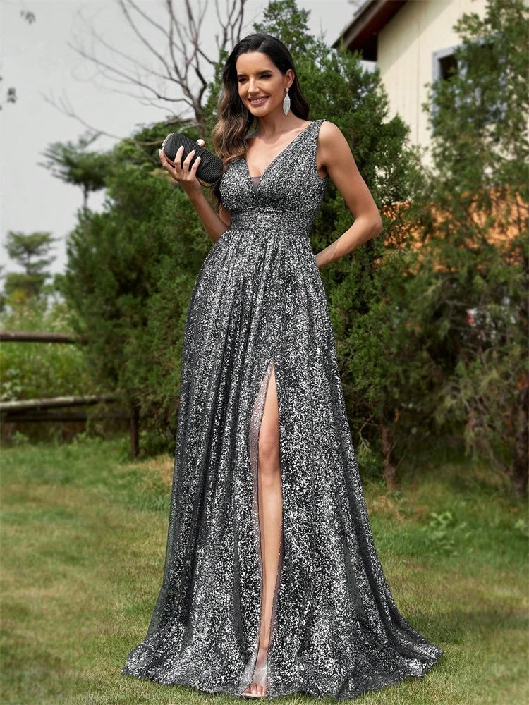 Vestido de Noite Luxuoso com Decote em V e Tecido Brilhante Longo Elegante Feminino Sereia Festa Baile de Formatura 2025 Fenda Coquetel