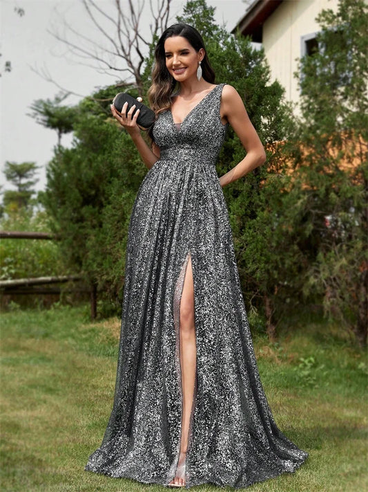 Luxury V-neck Shiny fabric Evening Dress Long Elegant Women Mermaid Party Mermaid Prom 2025 Split Cocktail Graduation Gowns
