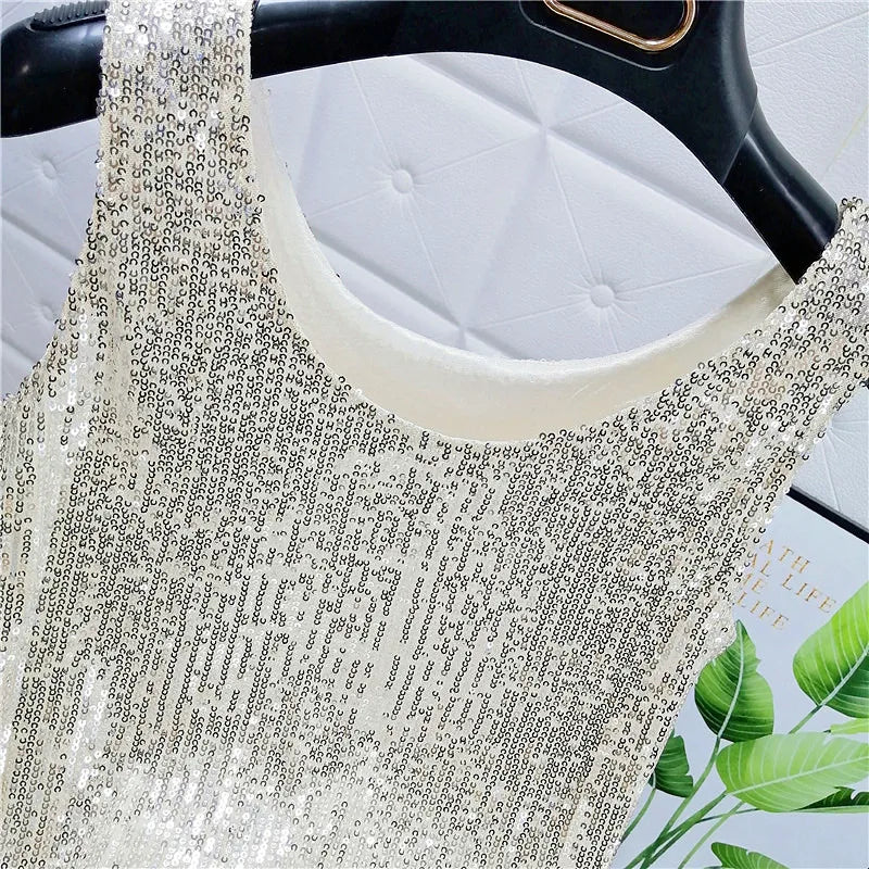 Sparkling Sequins Round Neck Vest Women's Outer Wear 2022 Summer New Bright Silk Fashion Glitter Bottoming Shirt Suspender Top
