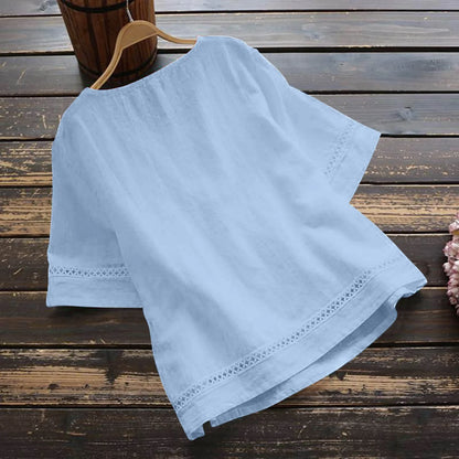 New Women's Elegant Cotton and Hemp Shirt Solid Color Casual Round Neck Hollow Half Sleeve Splicing Fashion Women's Top