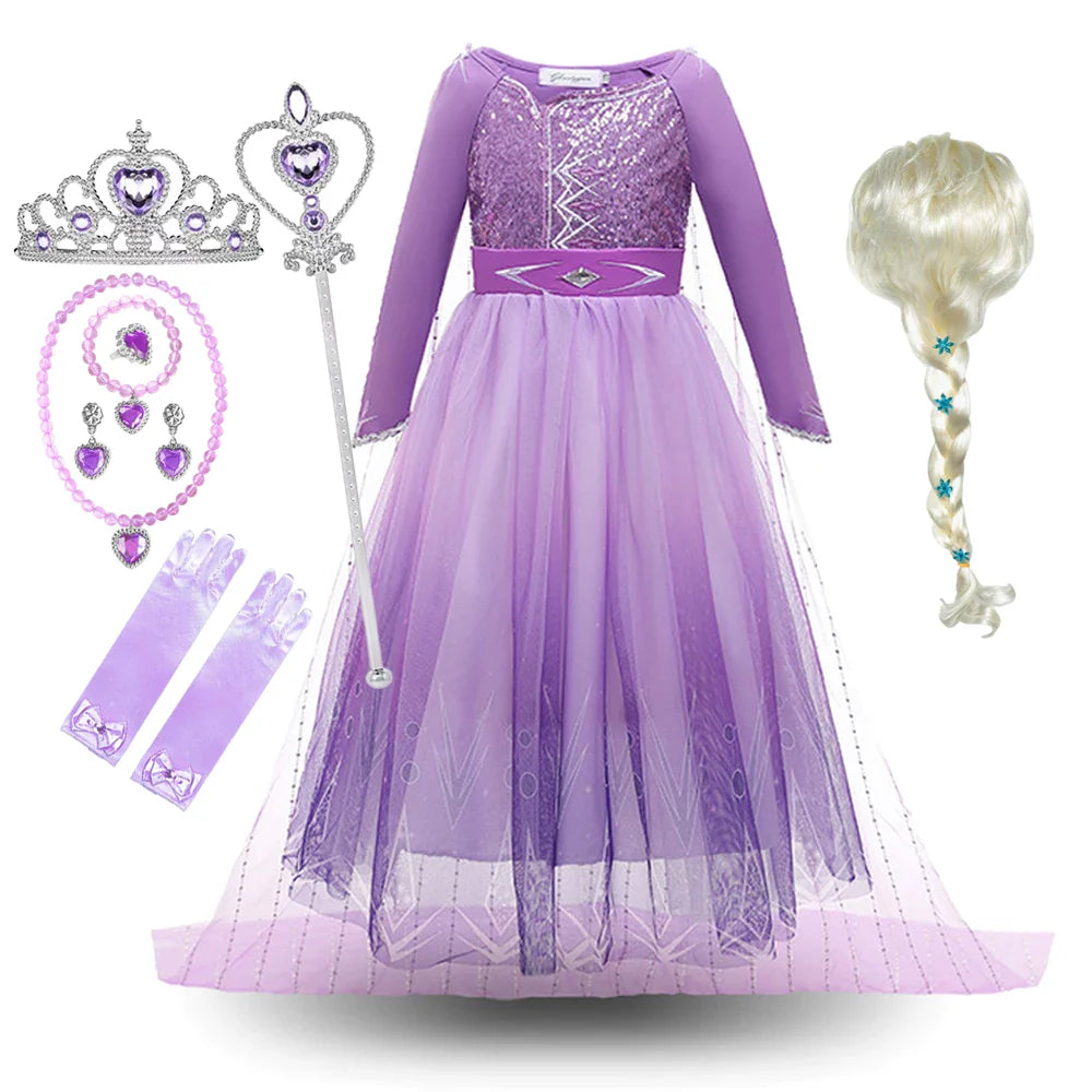 2026 Princess Girl Dress Snow Queen Halloween Cosplay Elsa Party Purple Costume Role Play Clothes Children Outfit Dress